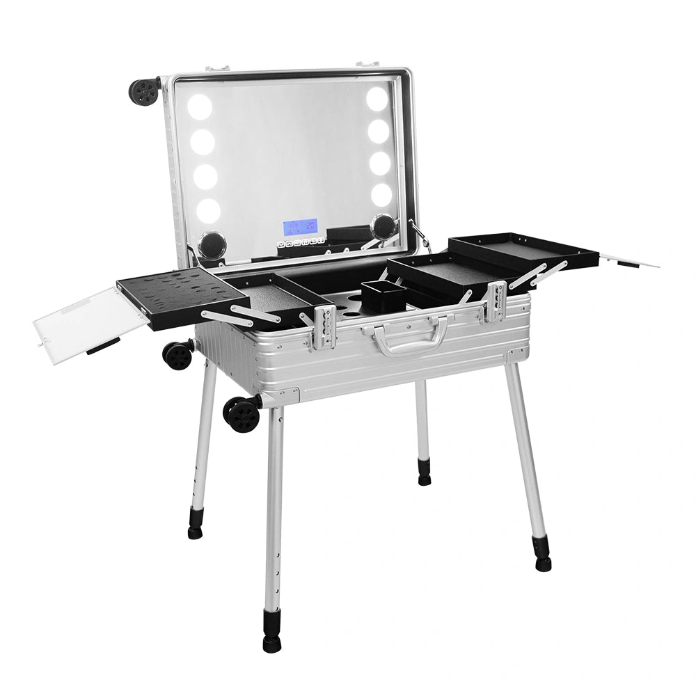 Aluminum Trolley Makeup Studio With LED And Bluetooth, Chic By SkinAct (Portable Rolling Station, USB And Wireless Music, Carry On Case)