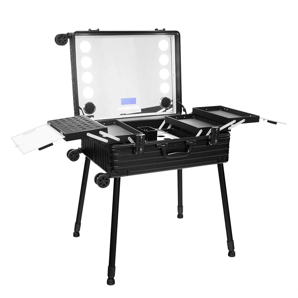 Aluminum Black Trolley Makeup Studio With LED And Bluetooth, Chic By SkinAct (Portable Rolling Station, USB And Wireless Music, Carry On Case)