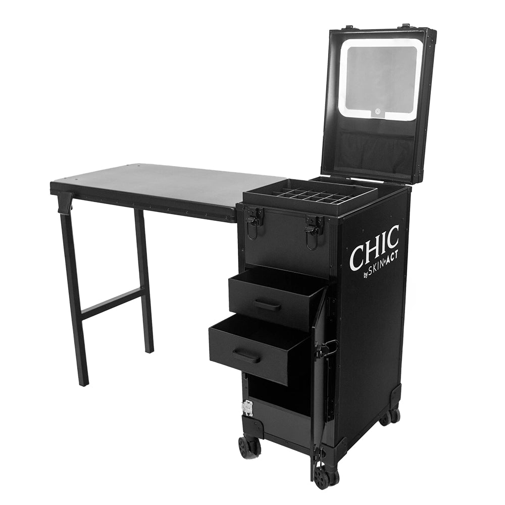 Foldable Rolling Manicure Table Case With LED Mirror, Chic By SkinAct (Black, Storage Drawers With Wheels)