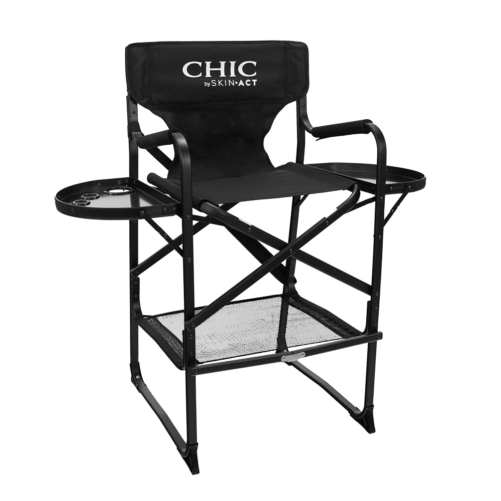 Makeup Chair With Side Trays, Chic By SkinAct (Tall Folding Director's Chair, Solid Hardwood And Polyester Black)